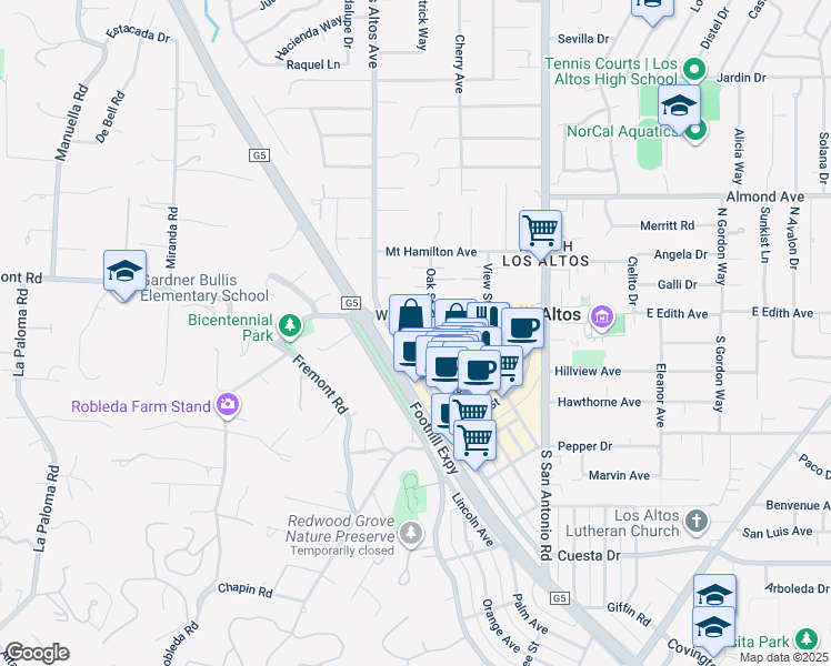 map of restaurants, bars, coffee shops, grocery stores, and more near 233 West Edith Avenue in Los Altos