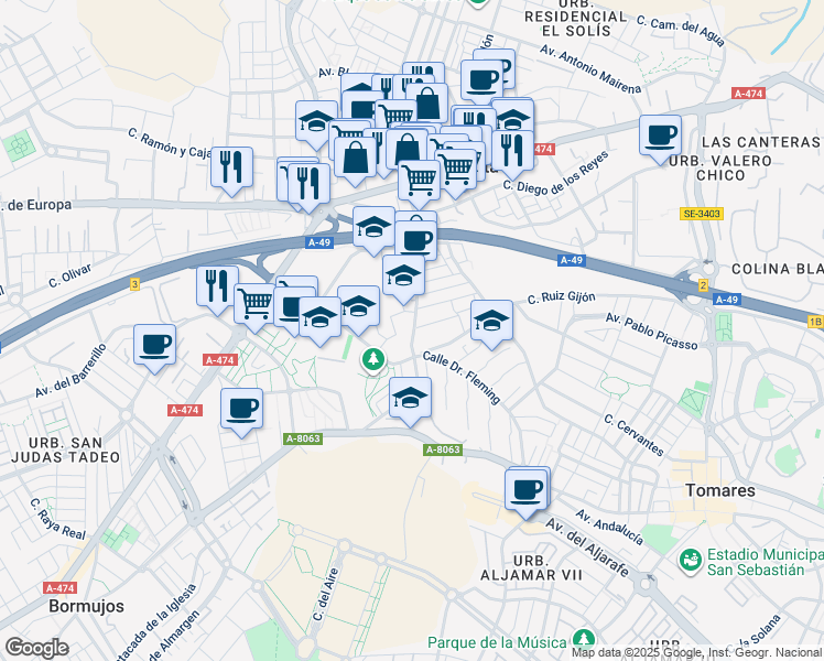 map of restaurants, bars, coffee shops, grocery stores, and more near 64 Calle Doctor Fleming in Castilleja de la Cuesta