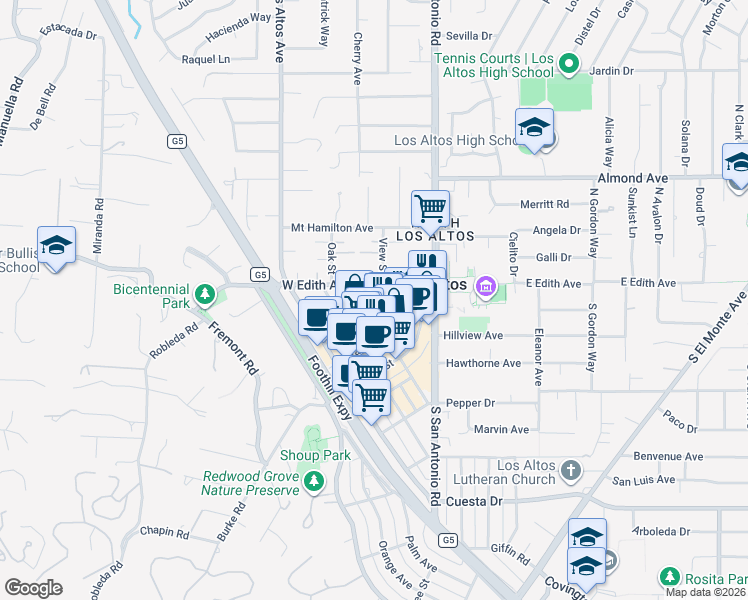 map of restaurants, bars, coffee shops, grocery stores, and more near 73 3rd Street in Los Altos