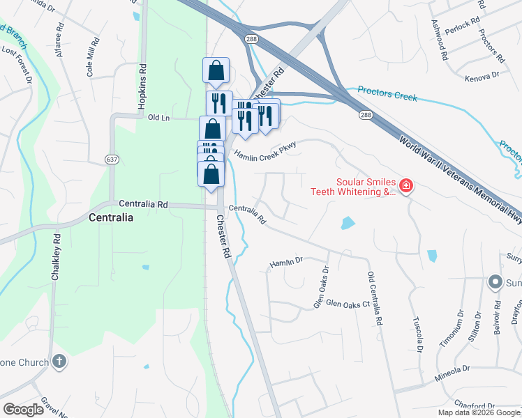 map of restaurants, bars, coffee shops, grocery stores, and more near 4100 Hilltop Farms Terrace in Chester