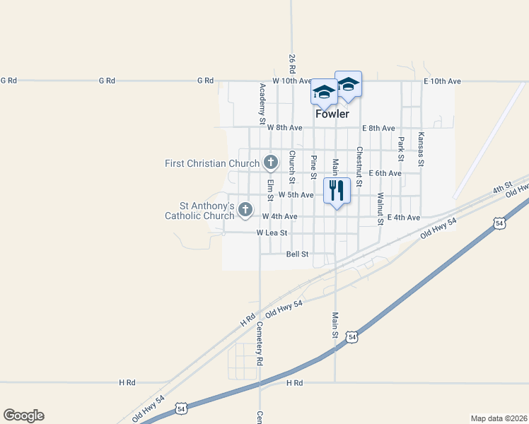 map of restaurants, bars, coffee shops, grocery stores, and more near 401-449 West 5th Avenue in Fowler
