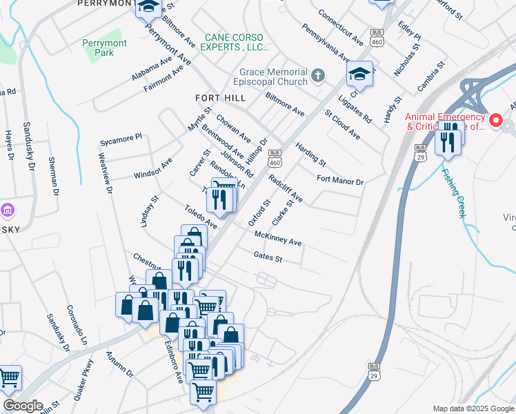 map of restaurants, bars, coffee shops, grocery stores, and more near 4717 Oxford Street in Lynchburg