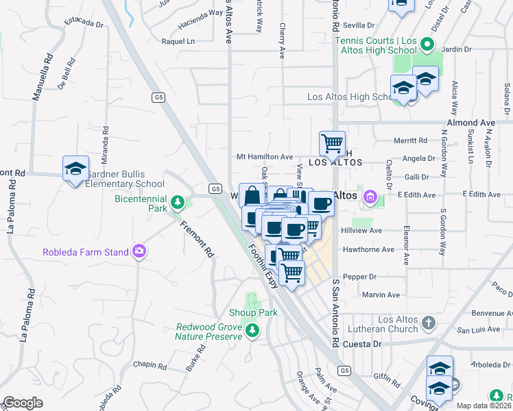 map of restaurants, bars, coffee shops, grocery stores, and more near 233 West Edith Avenue in Los Altos
