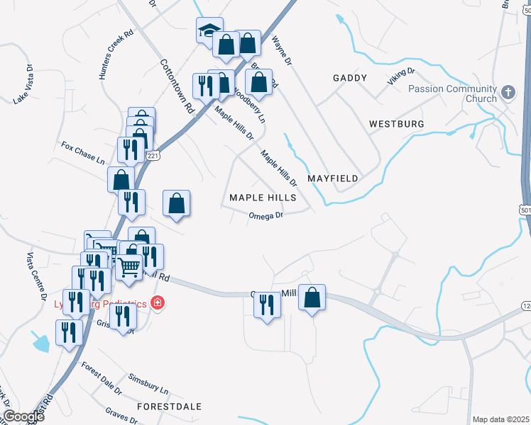 map of restaurants, bars, coffee shops, grocery stores, and more near 217 Omega Drive in Lynchburg