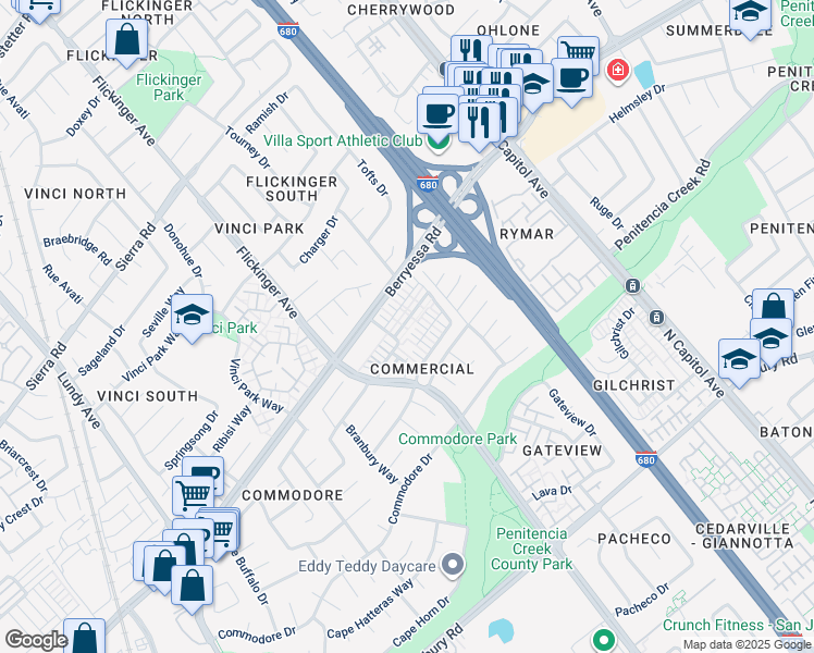 map of restaurants, bars, coffee shops, grocery stores, and more near 1088 Mallow Terrace in San Jose
