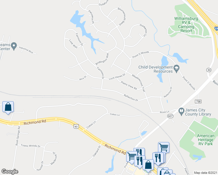 map of restaurants, bars, coffee shops, grocery stores, and more near 243 Reflection Drive in Williamsburg