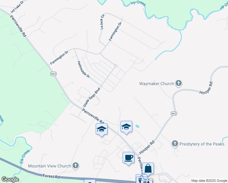 map of restaurants, bars, coffee shops, grocery stores, and more near 1481 Helmsdale Drive in Forest