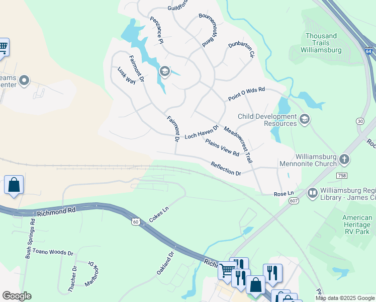 map of restaurants, bars, coffee shops, grocery stores, and more near 243 Reflection Drive in Williamsburg