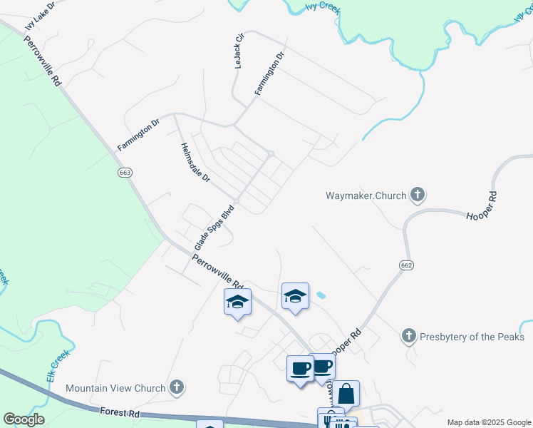 map of restaurants, bars, coffee shops, grocery stores, and more near 1481 Helmsdale Drive in Forest