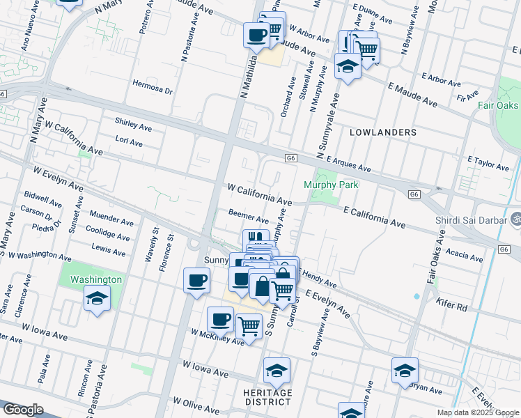map of restaurants, bars, coffee shops, grocery stores, and more near 261 North Frances Street in Sunnyvale