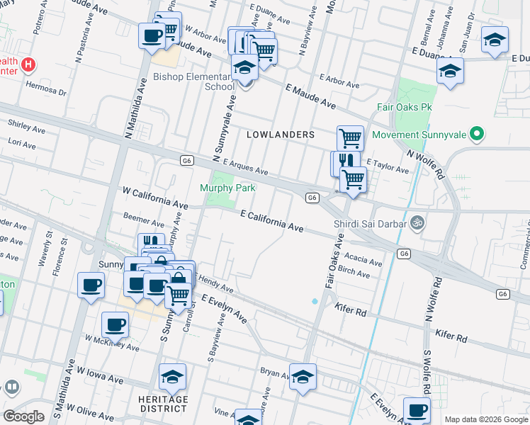 map of restaurants, bars, coffee shops, grocery stores, and more near 245 Morse Avenue in Sunnyvale