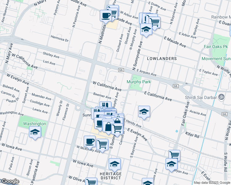 map of restaurants, bars, coffee shops, grocery stores, and more near 203 West California Avenue in Sunnyvale