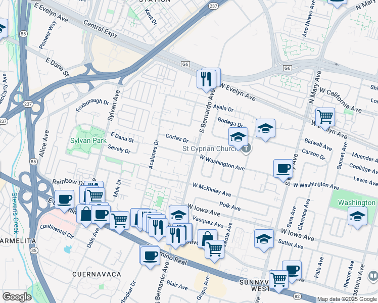 map of restaurants, bars, coffee shops, grocery stores, and more near 1228 Cortez Drive in Sunnyvale