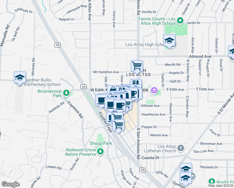 map of restaurants, bars, coffee shops, grocery stores, and more near 115 West Edith Avenue in Los Altos