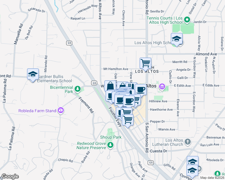 map of restaurants, bars, coffee shops, grocery stores, and more near 233 West Edith Avenue in Los Altos