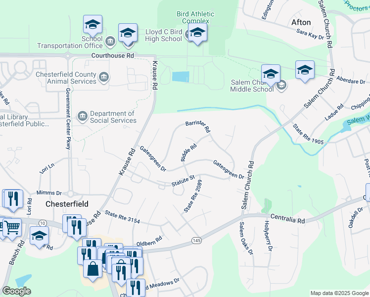 map of restaurants, bars, coffee shops, grocery stores, and more near 9612 Riddle Road in Chesterfield