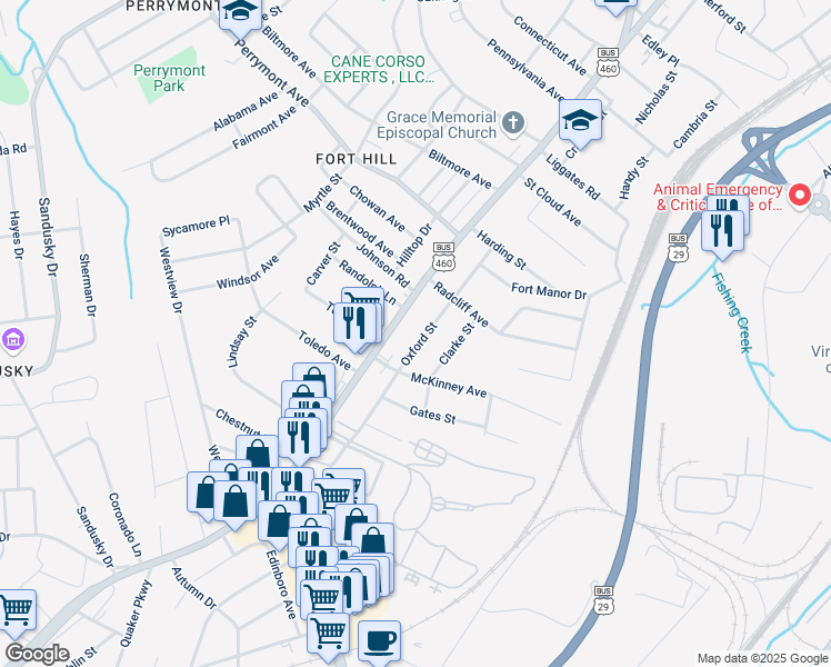 map of restaurants, bars, coffee shops, grocery stores, and more near 4717 Oxford Street in Lynchburg