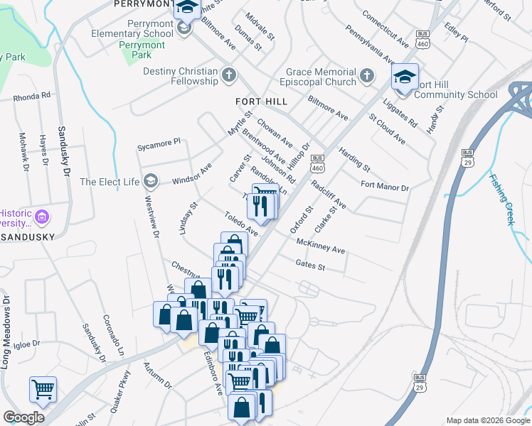 map of restaurants, bars, coffee shops, grocery stores, and more near 916 Tolleys Lane in Lynchburg