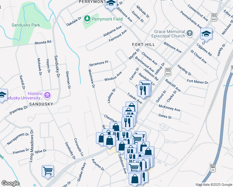 map of restaurants, bars, coffee shops, grocery stores, and more near 1205 Toledo Avenue in Lynchburg