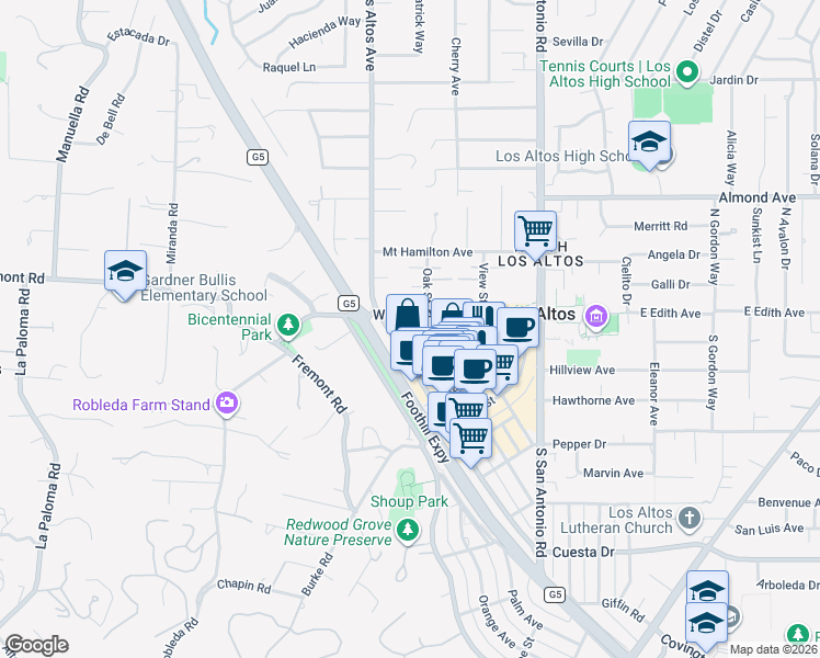 map of restaurants, bars, coffee shops, grocery stores, and more near 226 West Edith Avenue in Los Altos