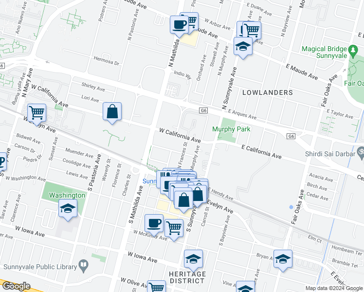 map of restaurants, bars, coffee shops, grocery stores, and more near 261 North Frances Street in Sunnyvale