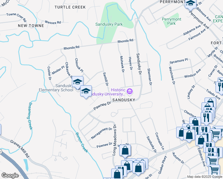 map of restaurants, bars, coffee shops, grocery stores, and more near 912 Sanhill Drive in Lynchburg