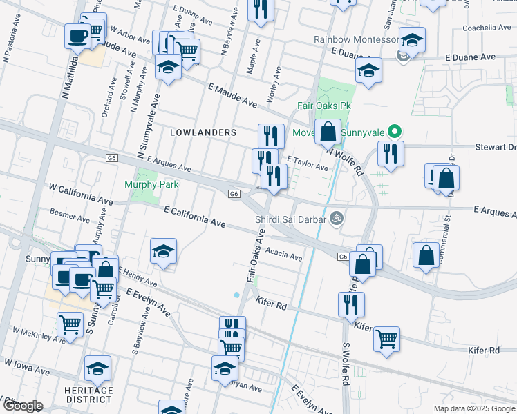 map of restaurants, bars, coffee shops, grocery stores, and more near Central Expressway in Sunnyvale