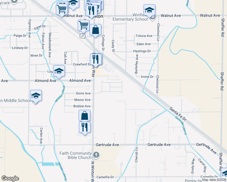 map of restaurants, bars, coffee shops, grocery stores, and more near in Winton