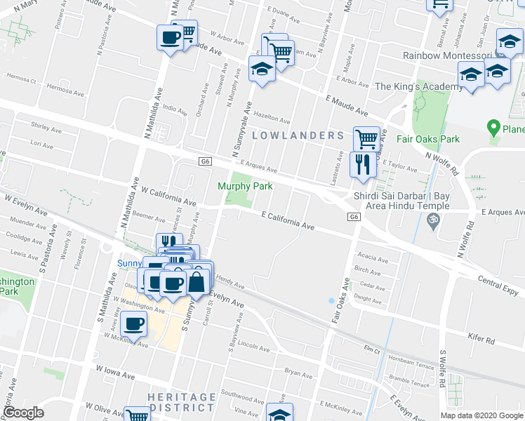 map of restaurants, bars, coffee shops, grocery stores, and more near 226 Jackson Street in Sunnyvale