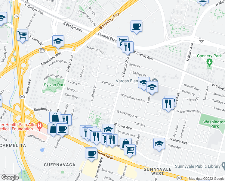 map of restaurants, bars, coffee shops, grocery stores, and more near 1228 Cortez Drive in Sunnyvale
