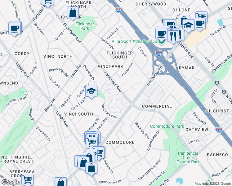map of restaurants, bars, coffee shops, grocery stores, and more near 2094 Swensen Court in San Jose