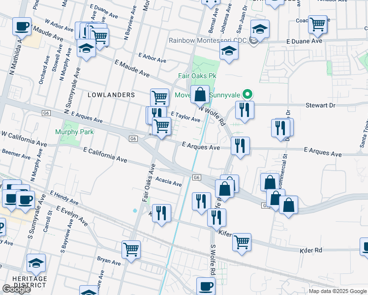 map of restaurants, bars, coffee shops, grocery stores, and more near 250 Santa Fe Terrace in Sunnyvale