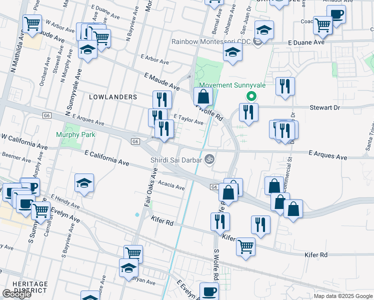 map of restaurants, bars, coffee shops, grocery stores, and more near 250 Santa Fe Terrace in Sunnyvale