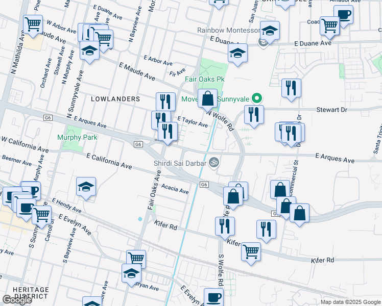 map of restaurants, bars, coffee shops, grocery stores, and more near 250 Santa Fe Terrace in Sunnyvale