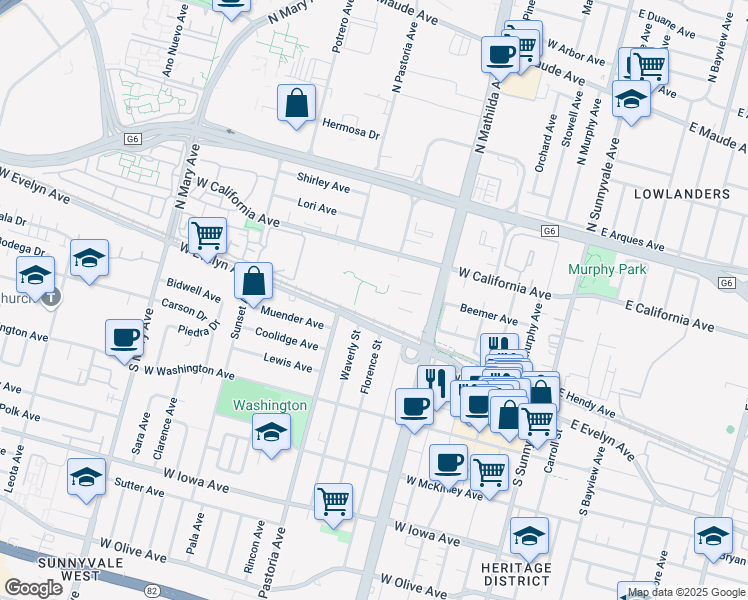 map of restaurants, bars, coffee shops, grocery stores, and more near 680 West California Avenue in Sunnyvale