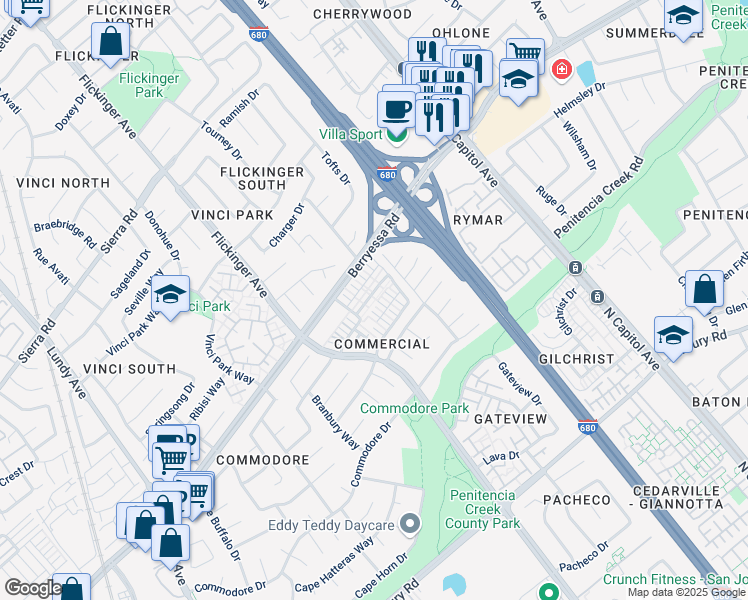 map of restaurants, bars, coffee shops, grocery stores, and more near 1100 Genco Terrace in San Jose
