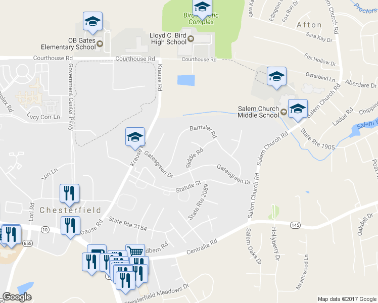 map of restaurants, bars, coffee shops, grocery stores, and more near 9612 Riddle Road in Chesterfield
