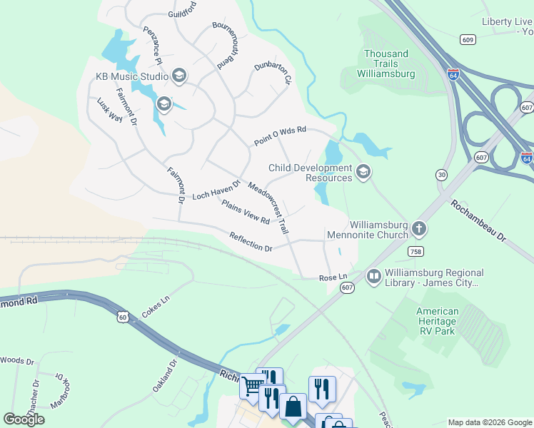 map of restaurants, bars, coffee shops, grocery stores, and more near 113 Meadowcrest Trail in Williamsburg