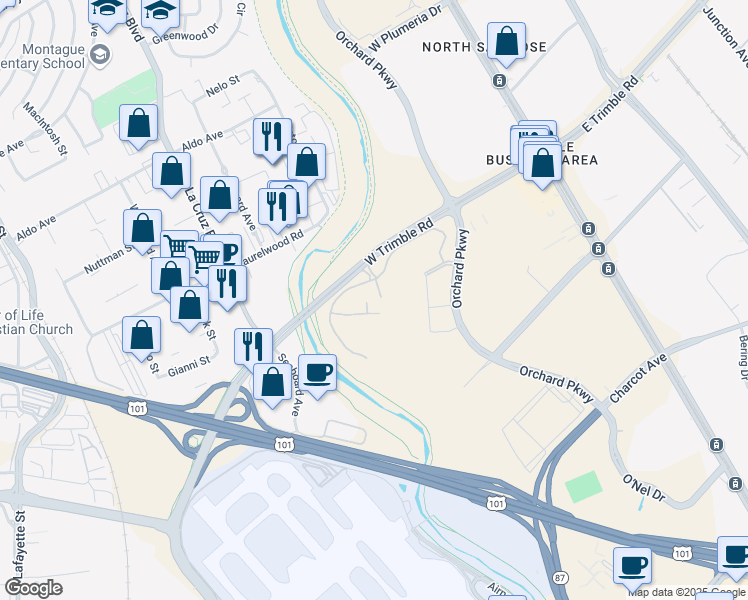 map of restaurants, bars, coffee shops, grocery stores, and more near 350 West Trimble Road in San Jose