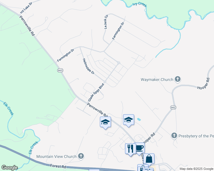 map of restaurants, bars, coffee shops, grocery stores, and more near 1384 Helmsdale Drive in Forest