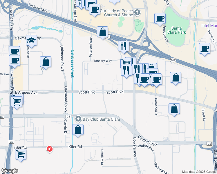 map of restaurants, bars, coffee shops, grocery stores, and more near 3325 Scott Boulevard in Santa Clara
