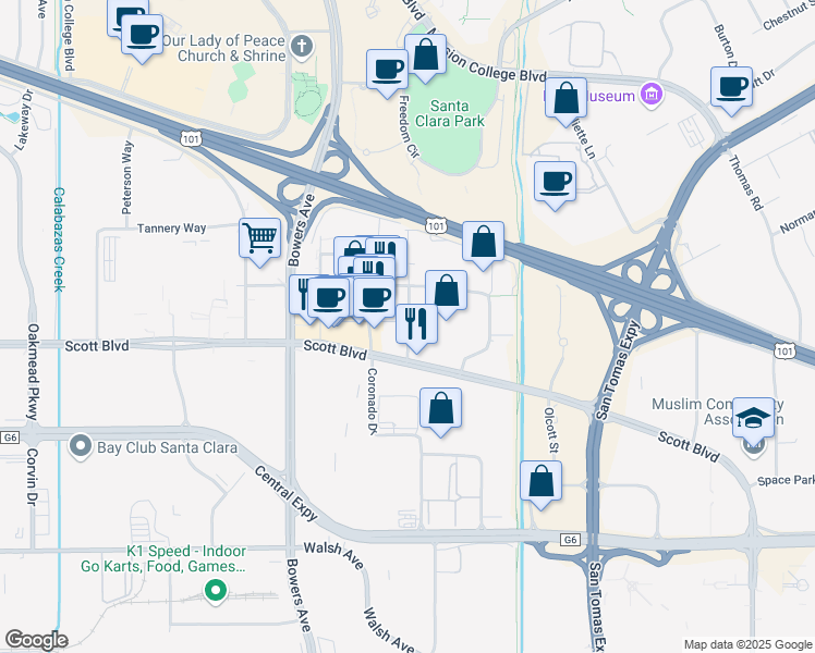 map of restaurants, bars, coffee shops, grocery stores, and more near 3320 Montgomery Drive in Santa Clara