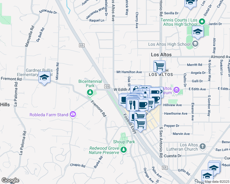 map of restaurants, bars, coffee shops, grocery stores, and more near 20 Los Altos Avenue in Los Altos