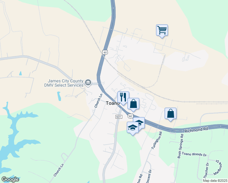 map of restaurants, bars, coffee shops, grocery stores, and more near Sterling Court in Toano
