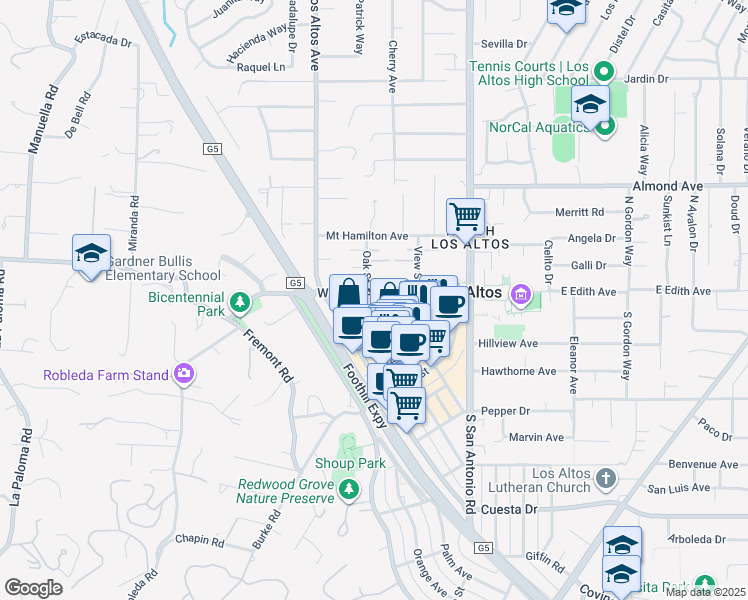 map of restaurants, bars, coffee shops, grocery stores, and more near 150 West Edith Avenue in Los Altos