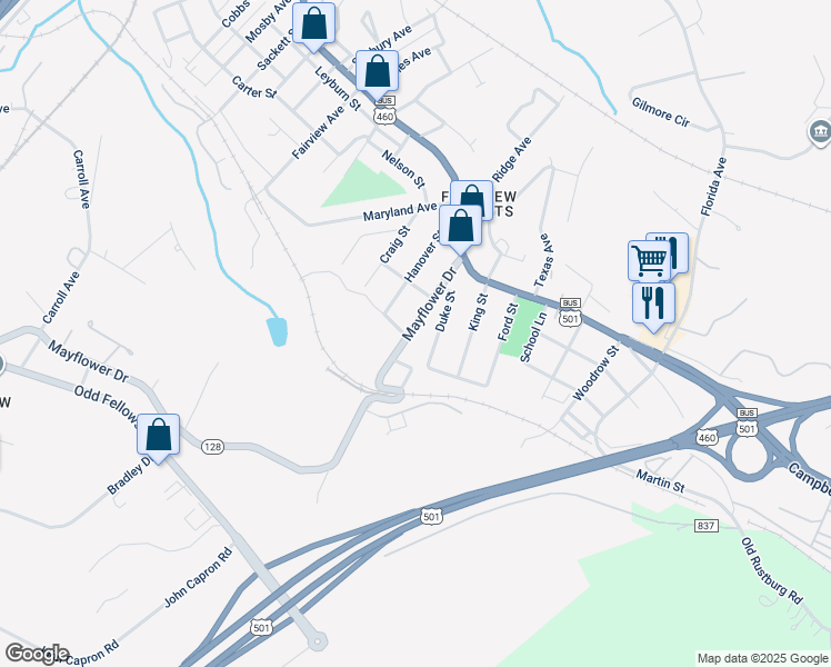 map of restaurants, bars, coffee shops, grocery stores, and more near 2216 Mayflower Drive in Lynchburg