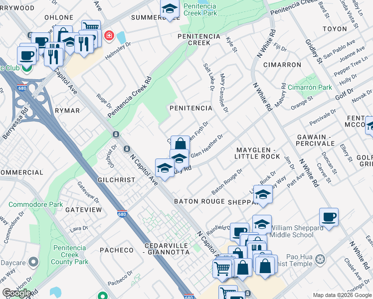 map of restaurants, bars, coffee shops, grocery stores, and more near 2778 Glen Firth Drive in San Jose