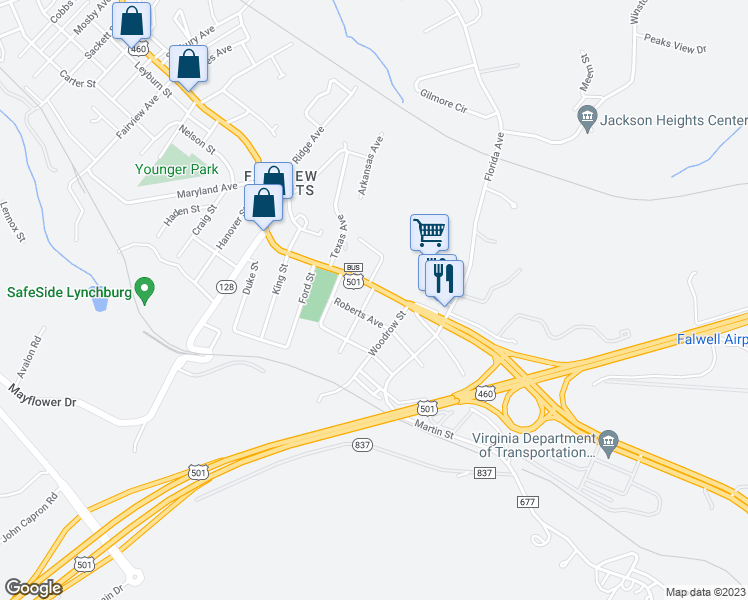 map of restaurants, bars, coffee shops, grocery stores, and more near 3705 Campbell Avenue in Lynchburg