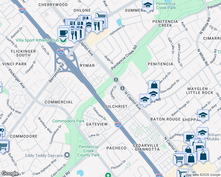 map of restaurants, bars, coffee shops, grocery stores, and more near 859 North Capitol Avenue in San Jose
