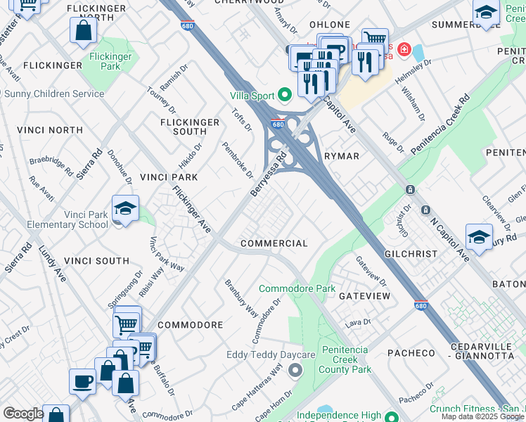 map of restaurants, bars, coffee shops, grocery stores, and more near 1100 Genco Terrace in San Jose